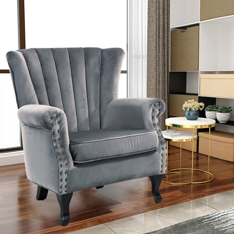 Grey Wing Back Fireside Check Velvet Fabric Armchair Sofa Lounge Cinema  Chair