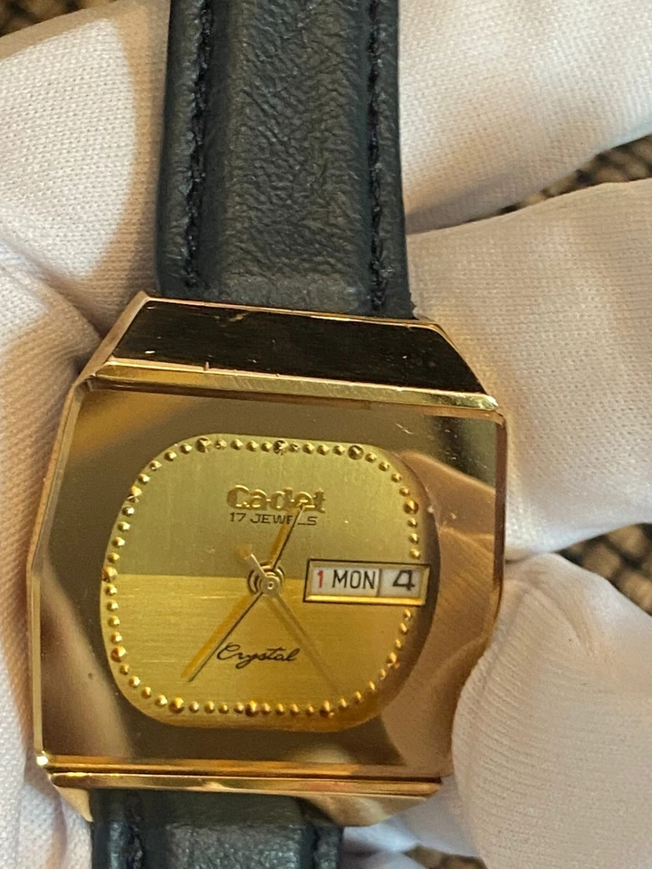 Cristal Cadete Vintage 2137 Automático 17 Joyas Día-Fecha Esfera Dorada Foto 3 de 4