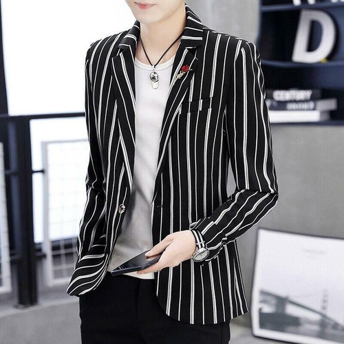 Fashion Mens Black White Striped Lapel Collar Top Blazer Jacket Casual Coat - Picture 2 of 27