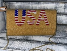 Beaded Clutch/Purse with removable gold strap, USA beaded, Gold details