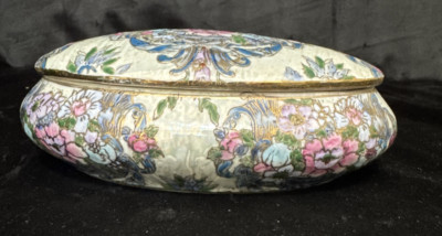 HFP Macau VTG Hand Painted Trinket Box Sage Green Gilded Pink Flowers Egg Shaped