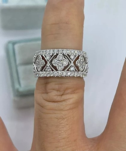 Real Moissanite 2Ct Round Wide Art Deco Wedding Band 14K White Gold Plated - Picture 4 of 7