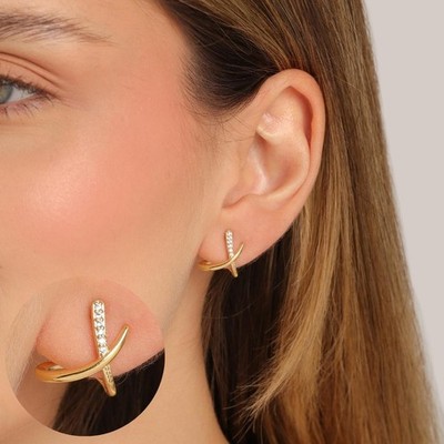 Elegant Gold-Plated X Design Earrings with Sparkling Stones