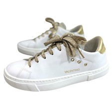 Valentino White Gold Leather Platform Sneakers Glitter Laces Size 8.5 NWOB Italy