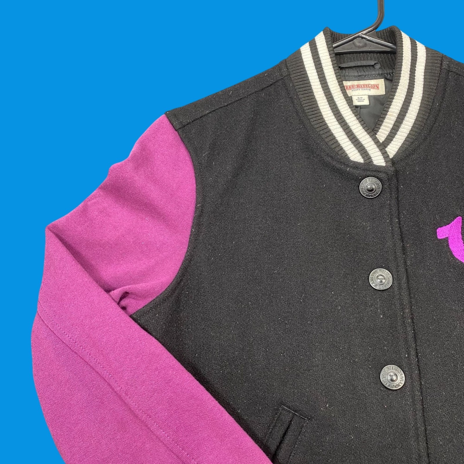 True Religion Womens Black & Purple Varsity Jacket Wool Blend Size S/P thumbnail 4