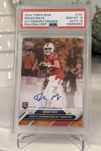 🔥2024 Drake Maye Topps Now RC - Orange Parallel 5/5 POP 1 💎 PSA 10 AUTO 10 GEM