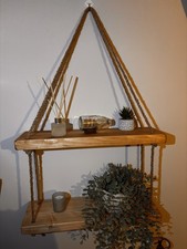 Handmade Rustic Hanging Rope Shelf – 2 Tier Solid Wood Wall Shelf 50cm