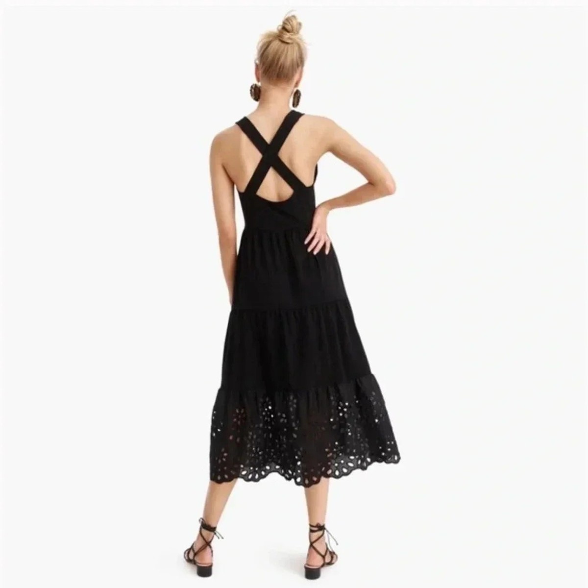 J. Crew Tiered Knit Maxi Dress Eyelet Trim Black Cotton Cross Back L7712 M  NWOT | eBay