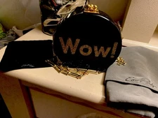 Edie Parker Black/Gold Glitter Round WOW! Clutch W/ EP Chain