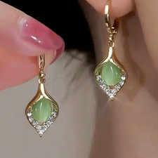 Women  s Gold Hoop Earrings Green Crystal Drop Dangle Elegant Fashion Jewelry New