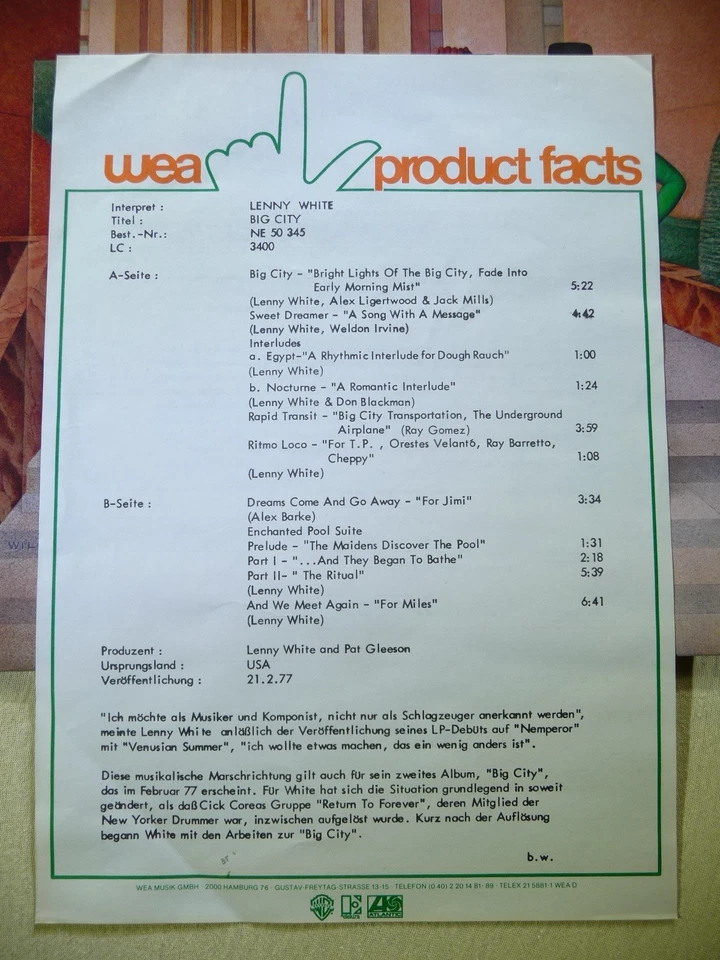 Lenny White – Big City  (Promotion Copy + Promo-Sheet, Unplayed) - Bild 2 von 4