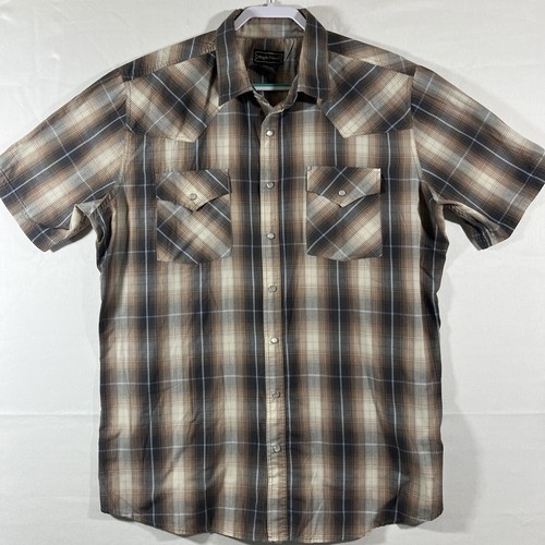 High Noon Western Shirt Mens Size XL-Tall Brown Plaid Pearl Snap Short Sleeve