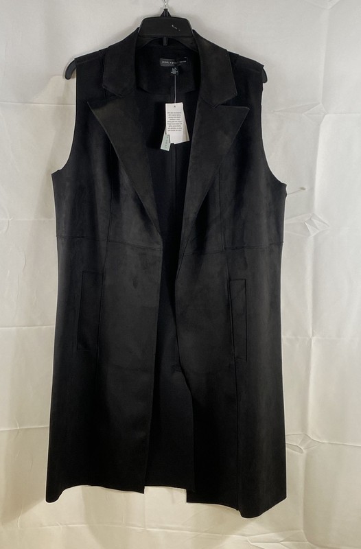 Joan Vass Women's Black Faux Leather Open Front Longline Coat Vest NWT Sz L