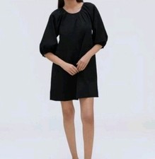NWT Everlane Size L The Seersucker Puff Sleeve A Line Mini Dress Black Pull On