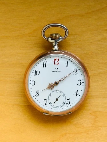 2P804 Antique Omega silver pocket watch, popular red 12 enamel dial