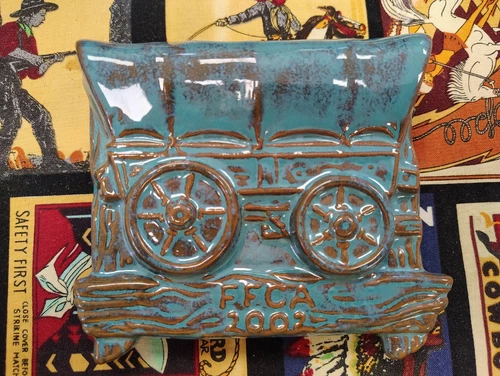 Frankoma Pottery FFCA Covered Wagon Wall Vase 2002 Turquoise