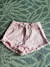 SheIn Girls M Pink Denim Cut-Off Shorts Distressed Pockets Zip Closure