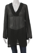 Tory Burch Womens Silk Polka Dot V-Neck Tunic Blouse Long Sleeve Black Size S