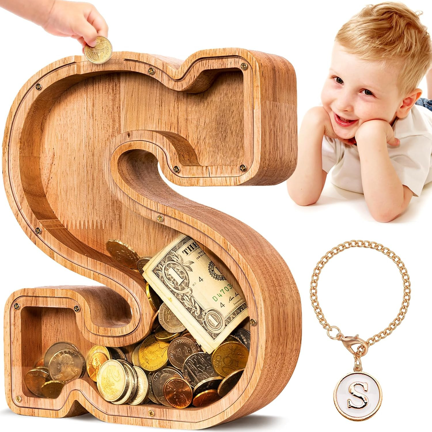 Wooden Letter Piggy Bank| Piggy Bank for Boys Girls Toddler| Alphabet S Money Ba