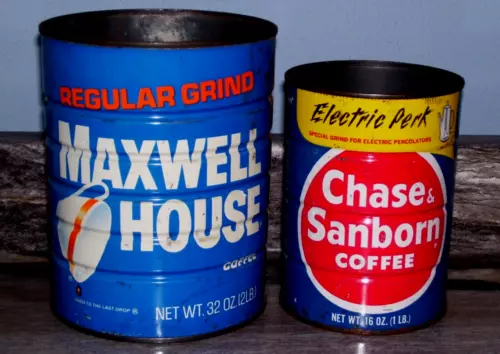 Pair of Vintage Coffee Cans Chase & Sanborn, Maxwell House No Lids.