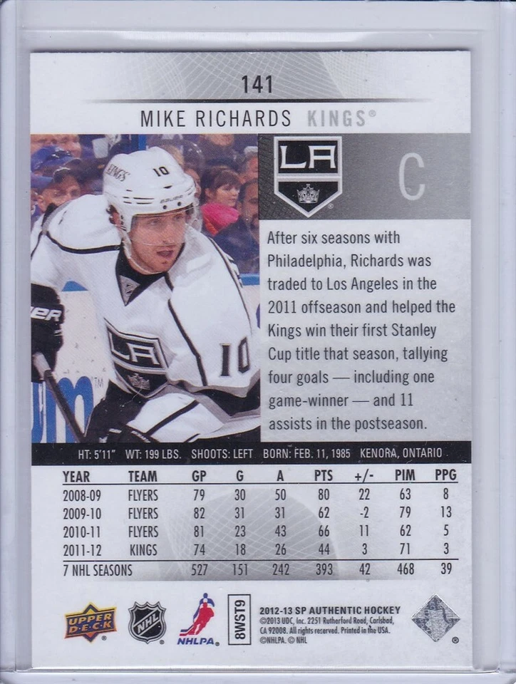 Mike Richards 2012 SP Authentic Hockey Card 141 - Image 2 of 2