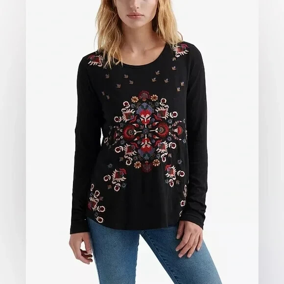 lucky brand black embroidered top