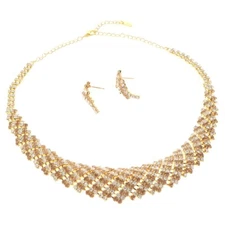 Gold Tone Metal Rhinestone Necklace Earring Set S11211-GTOP