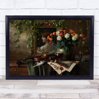 Mit Geige Blumen Musik Rosen Mädchenzimmer klassischer Glas Wein Wandkunstdruck