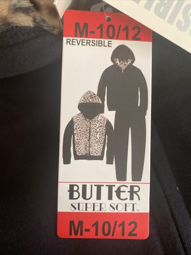 BUTTER SUPER SOFT 2 Pc REVERSIBLE BLACK LEOPARD SWEATPANT SET SZ MEDIUM 10-12 - Picture 3 of 6
