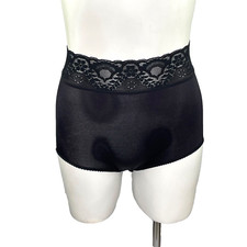 90 Semi-Sheer Silky Nylon Stretch Lace Waistband Full Cut Brief Granny Panties S