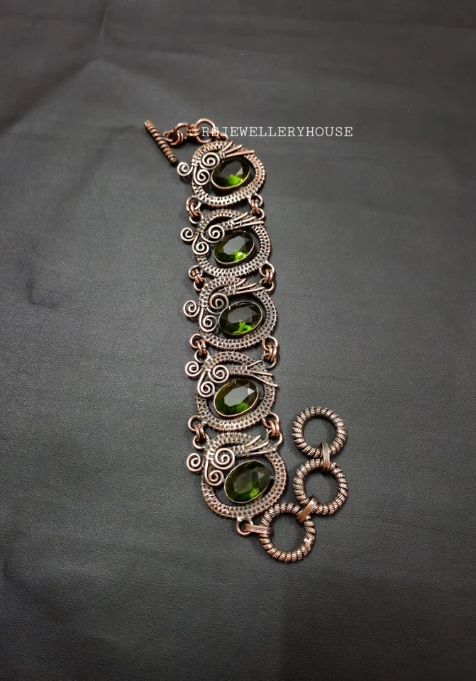 Pulsera Joyería Cobre Peridoto Facetado Piedras Preciosas Alambre Envuelto Pulsera Regalo Foto 3 de 4