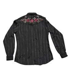 Roper Women's Black Metallic Stripe Rose Embroidered Western Shirt Size S
