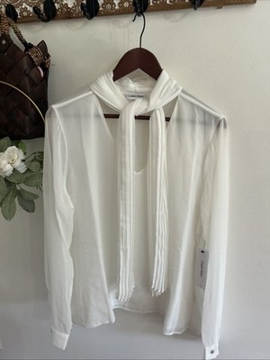 Calvin Klein Chiffon Tie Neck Long Sleeve Cream Blouse Top Semi Sheer Sz XL NWT