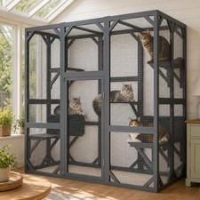 Outdoor Cat Enclosure, Large Wooden Cat Cage with Mesh Panels Waterproof Roof