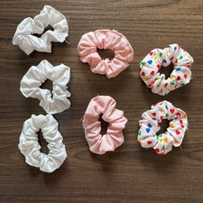 Lot of 7 Handmade Mini Scrunchies Hair Ties White Pink Multicolor Hearts 2.5