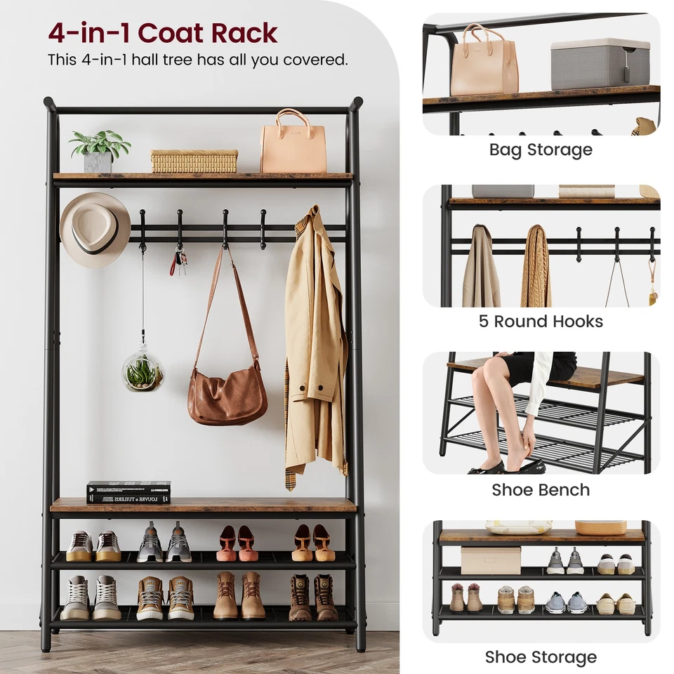 Modern 4-in-1 Hall Tree Coat Rack with Hooks, Shoe Shelf & Storage for Entryway - Image 3 of 4