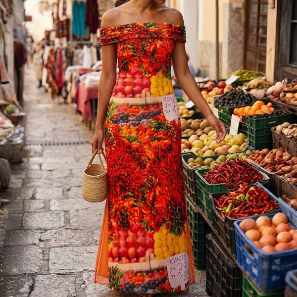 Maxi Vestido ZARA Picante Market Estampado Chili Pimienta Malla Tul Hombro Descubierto M