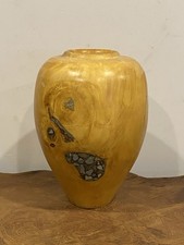 Boho Hand Turned Wooden Vase With Maligano Jasper Inlays 7 Tall Modern Organic