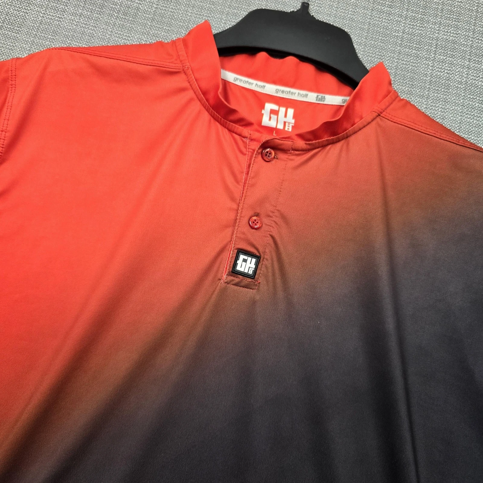 Greater Half Shirt Mens Large Red Black Ombre Henley Performance Short Sleeve