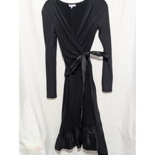 Vera Wang Womens Black Silk Trim Wrap Dress Long Sleeve Ruffle Hem Size 4