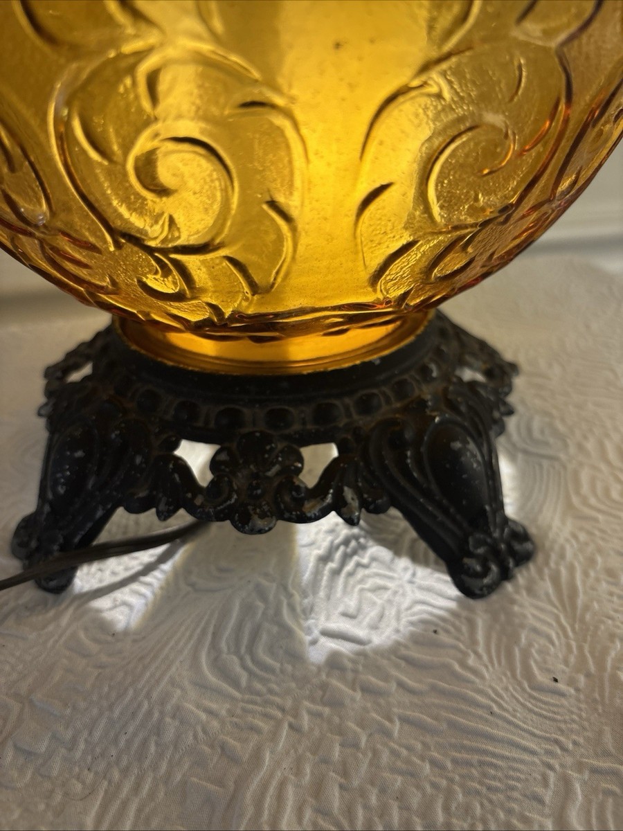 Vintage 1960s Amber Glass Globe 3/W Table Lamp Dual Light Ornate