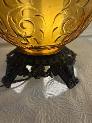 Vintage 1960s Amber Glass Globe 3/W Table Lamp Dual Light Ornate