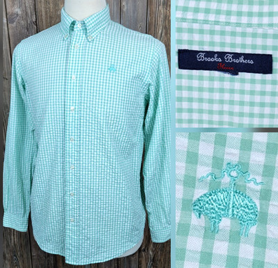 Brooks Brothers Fleece Button Down Shirt Dobby Textured Green White Mens S/M?