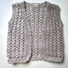 Vintage 70s Hand Crochet Knit Sweater Vest Womens M Gray Open Front Boho Hippie