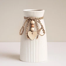 White Flower Vase Small Ceramic Vase Modern Home Decor with Grooves and Hangi...