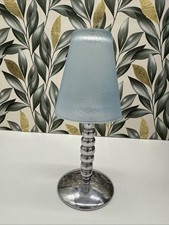 Vintage Tea Light Lamp Metal Base Frosted Light Blue Glass Shade Silver