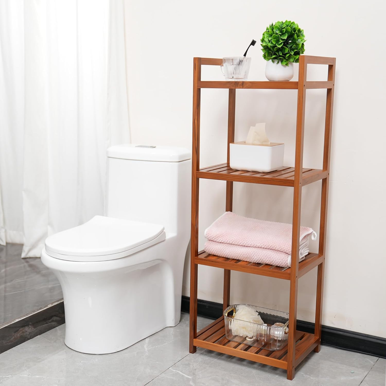 Teak Wood Bathroom Shelf Organizer Stand, Standing Shelves Shower Caddy Units, F