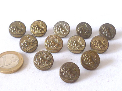 12 ALTE JAGDKNÖPFE VENERIE WILDSCHWEIN MESSING GEFASST KLEINES MODELL 16mm (J)