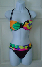 NWT Frederick's of Hollywood Bikini Bathing Suit Black w/Neon Print 90's
