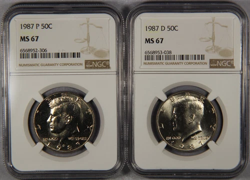 Lot of (2) 1987-P & -D Kennedy Half Dollar NGC MS67 50c